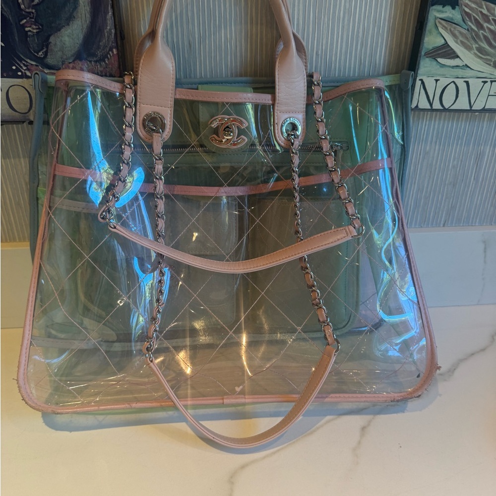 Chic Transparent Tote with Pink Leather Trim